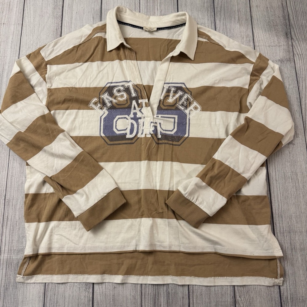 Pilcro Anthropologie East River Athletic Striped Rugby Shirt Tan White Size XL